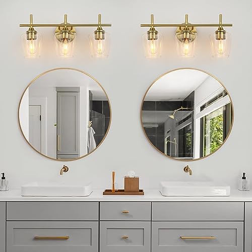 Image of foucasal 3-Light Brushed Gold Bathroom Vanity Light, Modern Gold Vanity Light for Bathroom with Clear Shades, Vanity Lighting Fixtures Over Mirror for Bedroom Hallway Living Room