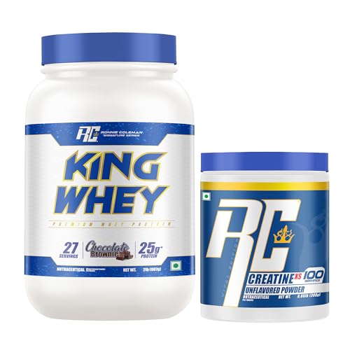 Image of Ronnie Coleman Signature Series King Whey Protein, 907g + Creatine XS, 300g | Chocolate Brownie | 27 Servings | Unflavoured Creatine | Combo Pack