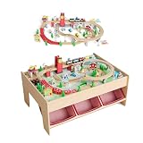 Garvee 2-in-1 Wooden Train & Reading Table Set – 90-Piece Complete Set with 3 Storage Bins, Railway Tracks & City Theme Accessories, Multi-Purpose Activity Table for Boys and Girls