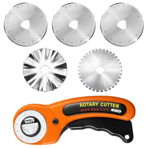 GSGFUIS Kit de cutter rotatif de 45 mm avec couteau rotatif et 5 lames (droites, grosses vagues, pointillées), coupe-tissu pour cuir, tissu, papier et papier peint, cutter rotatif à lame ronde pour