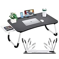 GEEZY Foldable Laptop Table with Drawer - MDF Wood Desk with Cup Holder, Tablet Slot, Anti-Slip Legs - Portable Laptop Desk Tray for Sofa, Bed, Work, Gaming, Eating, TV, Studying, Drawing and Crafts