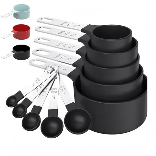 YKNIUFLY Tasses et Cuillères à Mesurer 8 Pièces, Poignée en Acier Inoxydable, Outil de Dosage en Plastique Pour Ingrédients Solides et Liquides, Spécial Pour la Cuisson au Four. (noir)