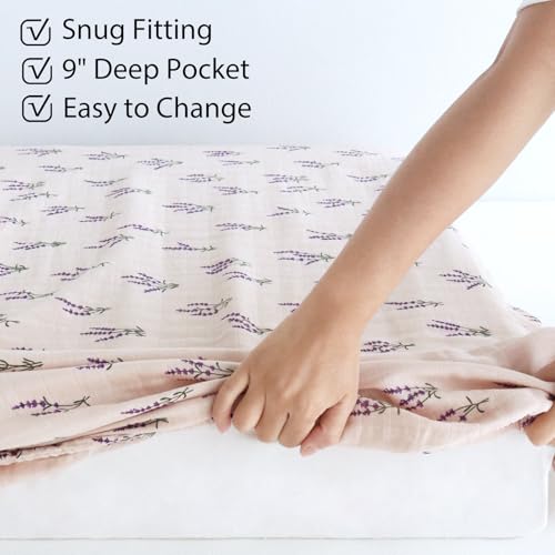 Image of LifeTree Crib Sheets for Baby, Muslin Fitted Crib Sheets Boys Girls - Toddler Bed Sheet Fits Standard Crib, Organic Cotton Breathable and Lightweight, Lavender Pattern, 28in x 52in