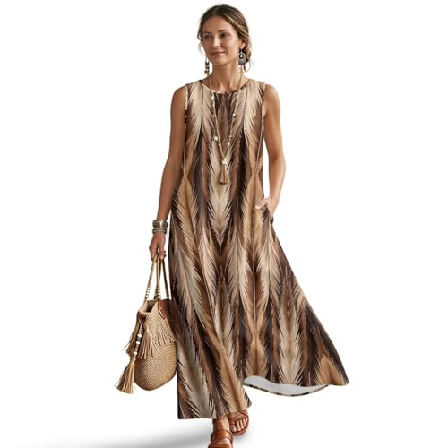 YUVAMAGIMO Ethnic Print Linen Maxi Dress Women Sleeveless Dress with Pockets Summer 2026 Sundress Plus Size World Travel Indigenous Art Fair Trade Size 2XL
