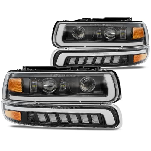 GXENOGO Headlights Assembly with LED Bulbs Compatible with 1999-2002 Chevy Silverado 2000-2006 Chevy Suburban Tahoe Hi Lo Beam DRL Turn Signal Side Marker (LED Headlight Assembly-Pro)