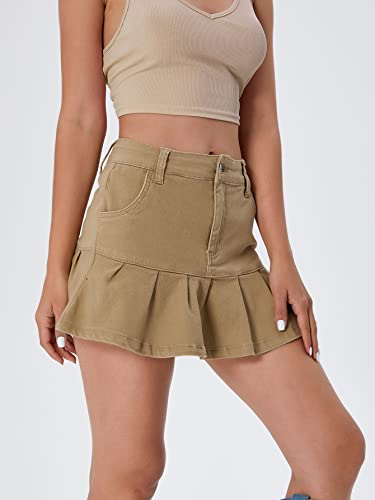 Verdusa Women's Y2K Ruffle Hem Pleated High Waist Short A Line Flared Denim Skirt Khaki M #TOP2