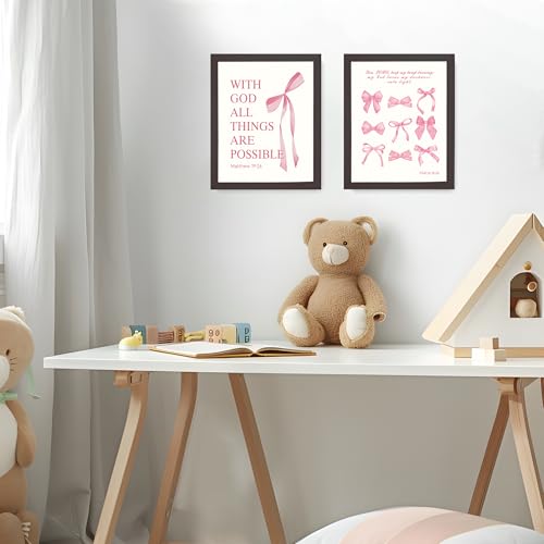 Image of LARTSFRO Coquette Pink Bow Wall Art Decor Posters, Pink Bow Room Bedroom Bathroom Dorm Wall Art Decor Aesthetic for College Teen Girls Gifts, Inspirational Bible Verses Bow Wall Decor, 10x8 Inch Set of 4 Pcs Bow Pictures (DARK FRAMED)