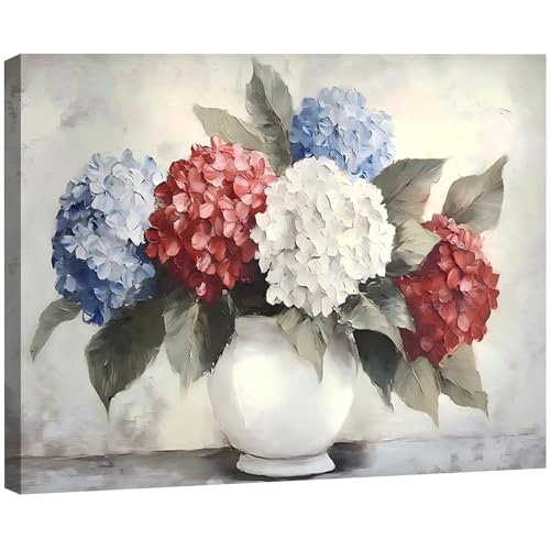 Image of RIBNTAK Patriotic Hydrangea Wall Art USA Red White Blue Flower Vase Print Pictures Wall Decor Canvas Painting Artwork Decorations for Bedroom Bathroom Kitchen Living Room,Made in USA