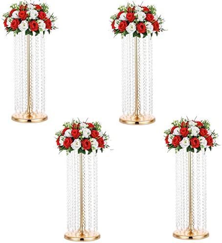 LANLONG 27.5in Flower Stand for Wedding Centerpieces for Tables - Metal Tall Floor vase with Acrylic Crystal, 4Pcs Gold Vases for Centerpieces Wedding Party Event, Birthday Home Decorations