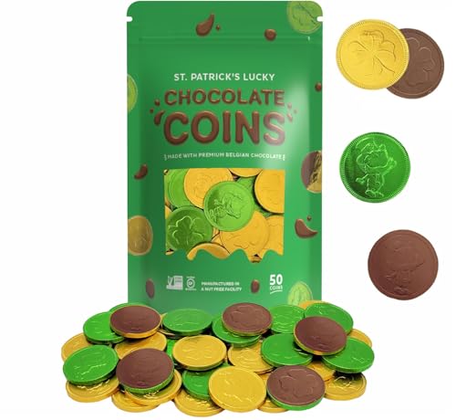 St. Patrick's Day 50-Pack Chocolate Coins, Gold and Green Shamrock Clover Coins, Premium Belgian Milk Chocolate Coins Nut-Free (50-Pack)