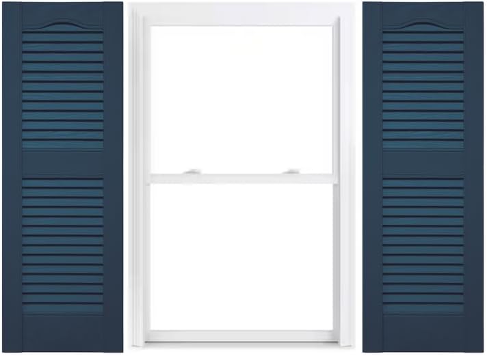 Duralok Vinyl Exterior Shutters | One Pair | Louvered 50/50 Split Cathedral Top Exterior Window Shutters | 9.25" x 31" | Classic Blue | Simple Installation + Hardware Included | Made in The US
