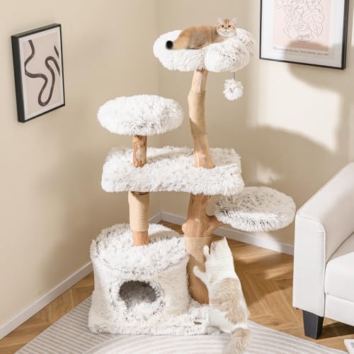 Tangkula Modern Cat Tree, 53 Inch Tall Natural Branch Wooden Cat Tower with Jute Scratching Posts, Plush Perch, Condo, Aesthetic Luxury Solid Wood Flower Cat Tree for Indoor Cats Large Adult (White)