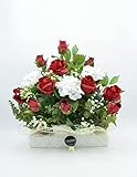 Buena tolerancia al sol Jardinera para Cementerio con Rosas Rojas y hortensias Blancas Artificiales, Ramo de Flores Artificiales Cementerio, Ramo Artificial de Cementerio, Jardinera para Cementerio