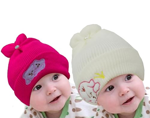Image of Pack of 2 100% Woolen Cap for New Born Baby | Winter Warm Cap | Baby hat Cap for Winter | Woolen Cap for Baby, Kids