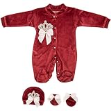 LAL & LUNA Baby 3 Pc Crown Jewel Cotton Outfit, Footie with Hat and Mittens (03-Velvet - Ruby Red -