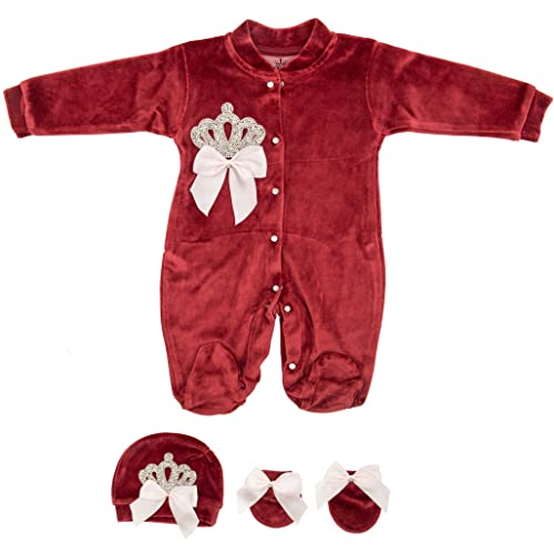 Lal & Luna Baby 3 Pc Crown Jewel Cotton Outfit, Footie With Hat And Mittens (03-Velvet - Ruby Red - Silver (Girl), 3-6 Months) #TOP4