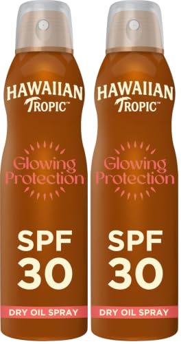 Image of Hawaiian Tropic Glowing Protection Sunscreen Dry Oil Spray Mist, Water Resistant SPF 30 UVA plus UVB Protection Sunscreen Spray, Tropical Scent Sun Lotion with Island Botanicals, 180 ml (Pack of 2)