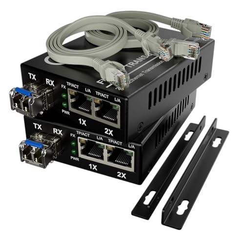 Dual RJ45 Ports – Pair of Fiber Media Converters, Gigabit Ethernet, SM LC 1310nm SFP Included – 10-100-1000Base-Tx to 1000Base-LX Single Mode Fiber, Up to 20km (12.4 mi)