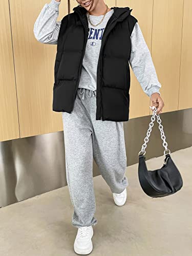 Sweatyrocks Women's Sleeveless Hooded Puffer Coat Casual Full Zip Vest Jacket Outerwear Black L #TOP6