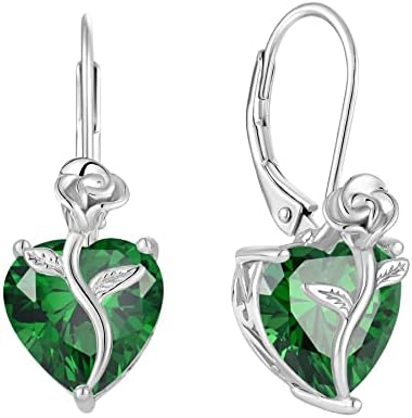 FJ Leverback Dangle Drop Earrings for Women 925 Sterling Silver Birthstone Earrings with Rose Flower Jewellery Gifts for Wife Girlfriend Mother Daughter