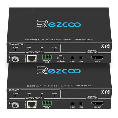 ROFAVEZCO HDMI Extender Over Ethernet 4k 60HZ Uncompressed 18G/BPS Over Single Cat5/6 up to 40m(165ft), RS232+POE+IR+HDCP2.2, HDR CEC EDID Management.