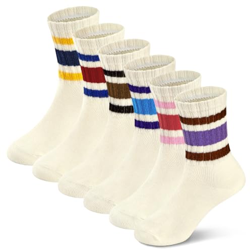 6 Pairs Retro Striped Girls Running Socks Ribbed Cuff Kids Crew Socks 10-12