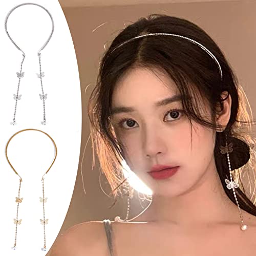 NICENEEDED Butterfly Tassel Headband Silver Gold, Rhinestone Headpiece Head Jewelry, Bridal Wedding Diamond Hair Accessories for Women Birthday Party Halloween
