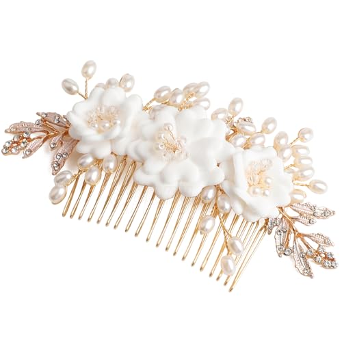Peine para cabello con flores perladas y pedrería dorado miniatura 1