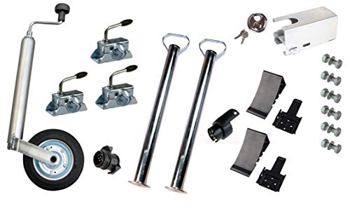 wamo tech PKW-Anhänger Zubehörset: Stützrad, Stützen, Klemmhalter, Keile inkl. Halter, Kastensicherung, Schloss und Adapter inkl. Befestigungsmaterial