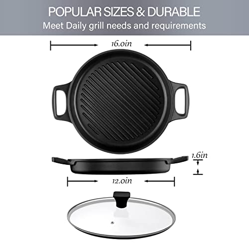 S·kitchn Cast Aluminum Griddle Pan For Stovetop With Lid - Lighter Than Cast Iron Skillet,Round Frying Pans Nonstick Grill Pan Dishwasher & Oven Safe,12In #TOP5