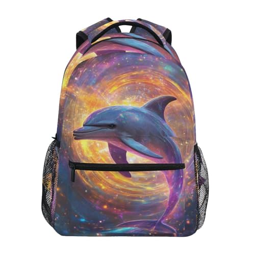 Dolphin Galaxy Print Backpack 3rd 4th 5th Grade School Bookbag Travel Laptop Daypack Bag Purse for Boys Girls Teens