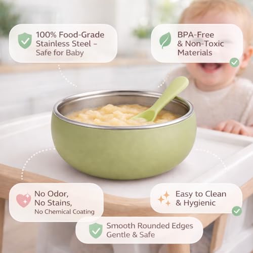 Image of Premium Stainless Steel Baby Feeding Bowl with Soft Silicone Cover | Non-Slip Grip, BPA Free & Food-Grade | Safe Feeding Bowl for Infants & Toddlers | Durable, Easy to Clean (Sage Green)