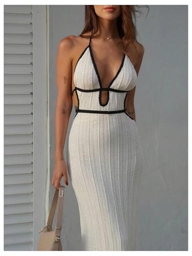 GORGLITTER Women's Deep V Halter Crochet Maxi Dress Backless Knit Bodycon Birthday Wedding Guest Long Dresses2