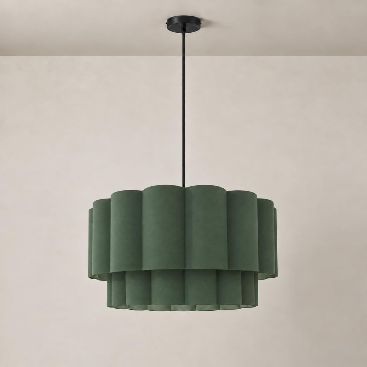 CGC Lighting Indoor lampshade Scalloped Two Tier Large 48cm Width Drum Shape Ceiling Hanging (Green 2 Tier)