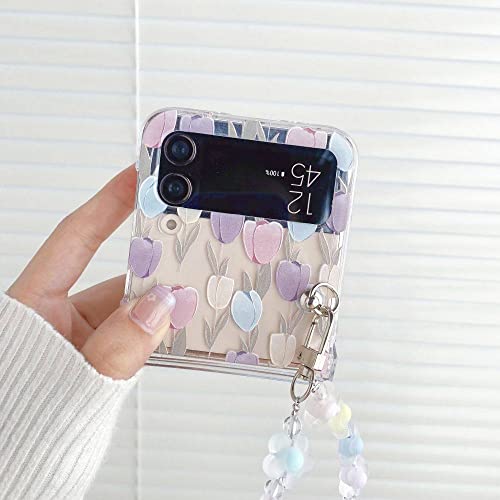 Capa de telefone dobrável transparente floral pequena com pulseira para Samsung Z Flip 3 Z Flip 4 Ca