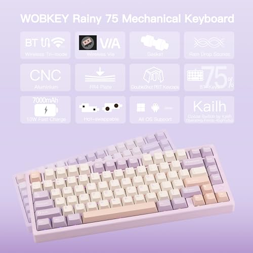 Image of KEEBMONKEY WOBKEY Rainy 75 CNC Aluminum HMX /JWK /Cocoa Switches Triple-Mode Connectivity Mechanical Keyboard with Superior Acoustics, RGB /FR4 /Silver SUS304 /7000mAh /Cocoa Switch (Pro - Purple)