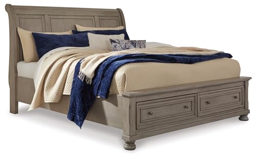 Image of Signature Design by Ashley Sleigh Bed with Drawers, Gray, California King | Burnished wood finish with classic bun feet, 2 footboard drawers, Roll-slat system eliminates box springs, Lettner Series