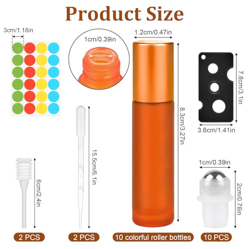 10ml Roll on Glasflaschen für Ätherisches Öle, 10 Stück Roll on Flasche Leer, Rollon Flaschen mit Öffner, Strohhalm, Etiketten, Tropfer, für Parfüm, Kosmetika, Aromatherapie, Massage(10 Farben)