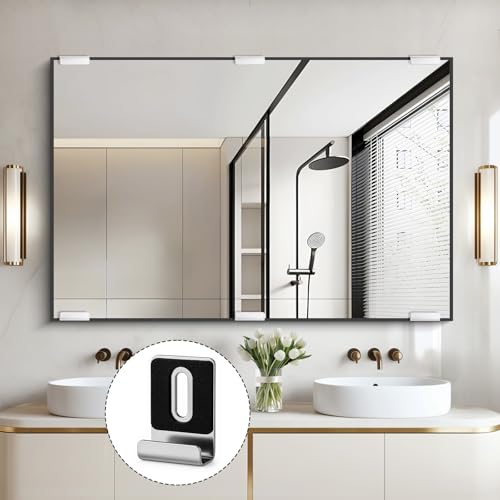 Image of 8 Pcs Mirror Clips Frameless Mirror Mounting Kit 1 /4 Inch Mirrors Hangers Hardware with Screws Rubber Pads, Metal Heavy Duty Silver Mirrors Hooks Mounting for Billboards