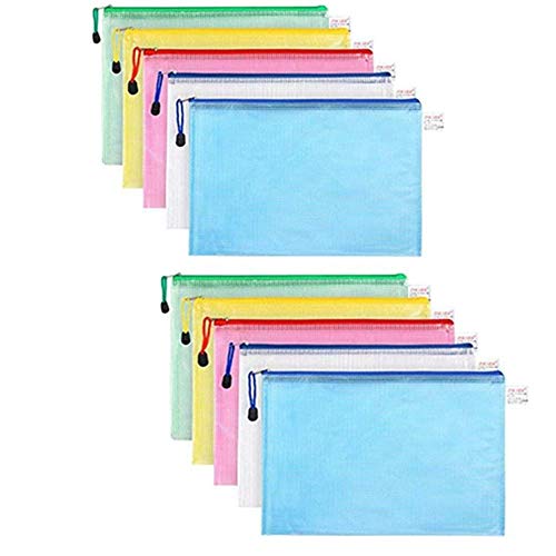 Zip File Bags,A4 Document Wallet Waterproof Plastic Lock Bags Mesh Storage Pockets for Offices Supplies School Travel 10 Pcs,5 Colors