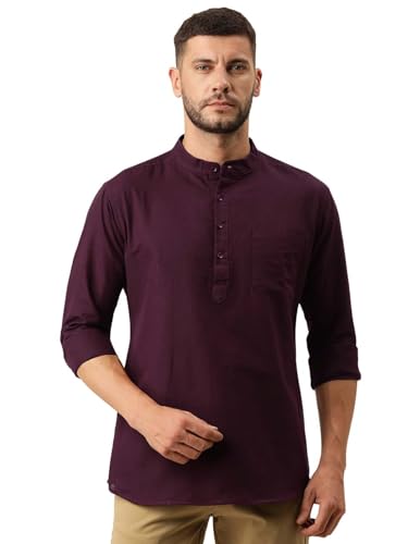Image of KRYPTIC Men's Full Sleeve Regular Fit Short Kurta in Premium Pure Cotton with Patch Pocket and Mandarin Collar - Perfect Blend of Style and Comfort