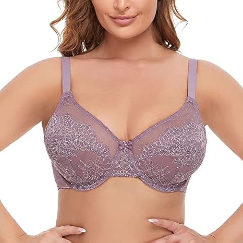 AILIVIN Underwire Bras for Women Minimizer Unlined Lace Full Coverage Plus Size Bra Women's Unpadded Full Figure Bras, Wine Purple, 42C Cover