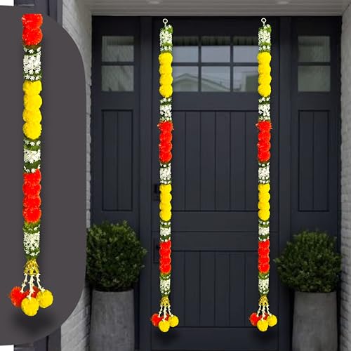 Image of iHandikart Pack of 2 Artificial Multicolor Marigold Garlands with Jasmine & Daisy Leaves (64 Inch) - Premium Floral Strings for Pooja, Temple, Wedding Backdrop, Diwali, Haldi & Mehandi Home Decor