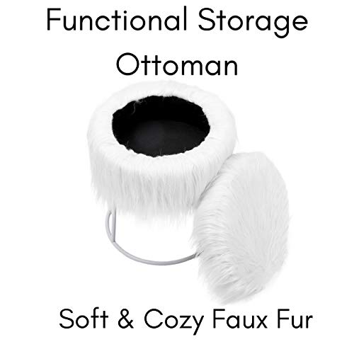 Birdrock Home Round White Faux Fur Foot Stool Storage Ottoman With Silver Legs - Vanity Chair - Soft Compact Padded Seat - Bedroom And Kids Room Chair - Metal - Fluffy Makeup Seat #TOP2