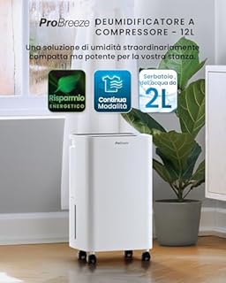 Pro Breeze Deumidificatore a compressore 12L con serbatoio dell'acqua da 2L, asciugatura della biancheria e sensore di umidità - Rimuovi muffa portatile timer 24H per umidità, muffa nera e condensa
