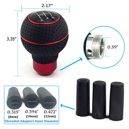 Thruifo 5 Speed Gear Stick Shifter Handle, Leather Covered Aluminum Mt Car Shift Knob Fit Most Manual Transmissions, Red #TOP1