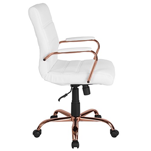 Flash Furniture Whitney Mid-Back Desk Chair - White Leathersoft Executive Swivel Office Chair With Rose Gold Frame - Swivel Arm Chair #TOP7