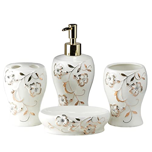 Image of Kookee Ceramic Bathroom Accessories Set - 4 Piece Bath Kit with Soap Dispenser, Toothbrush Holder, Tumbler & Soap Dish - Modern Decor, White /Gold (10094)