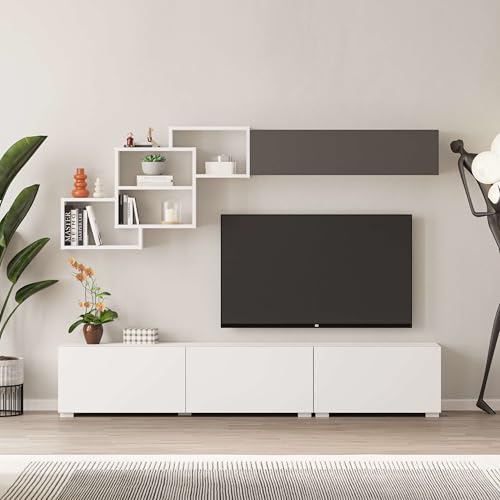 Totò Piccinni Parete Attrezzata QUADRA Porta TV mobile salotto multiuso composizione soggiorno 210x35 (Bianco/Antracite)
