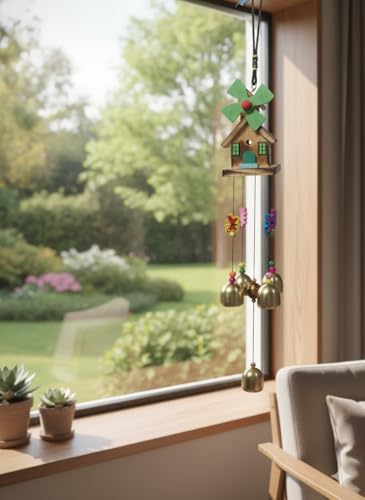 Image of Decorative Wind Chime for Home | Wooden House with Bells Colourful Beads | Positive Energy Balcony Living Room Hall Garden Home Decor (Wind Chimes)